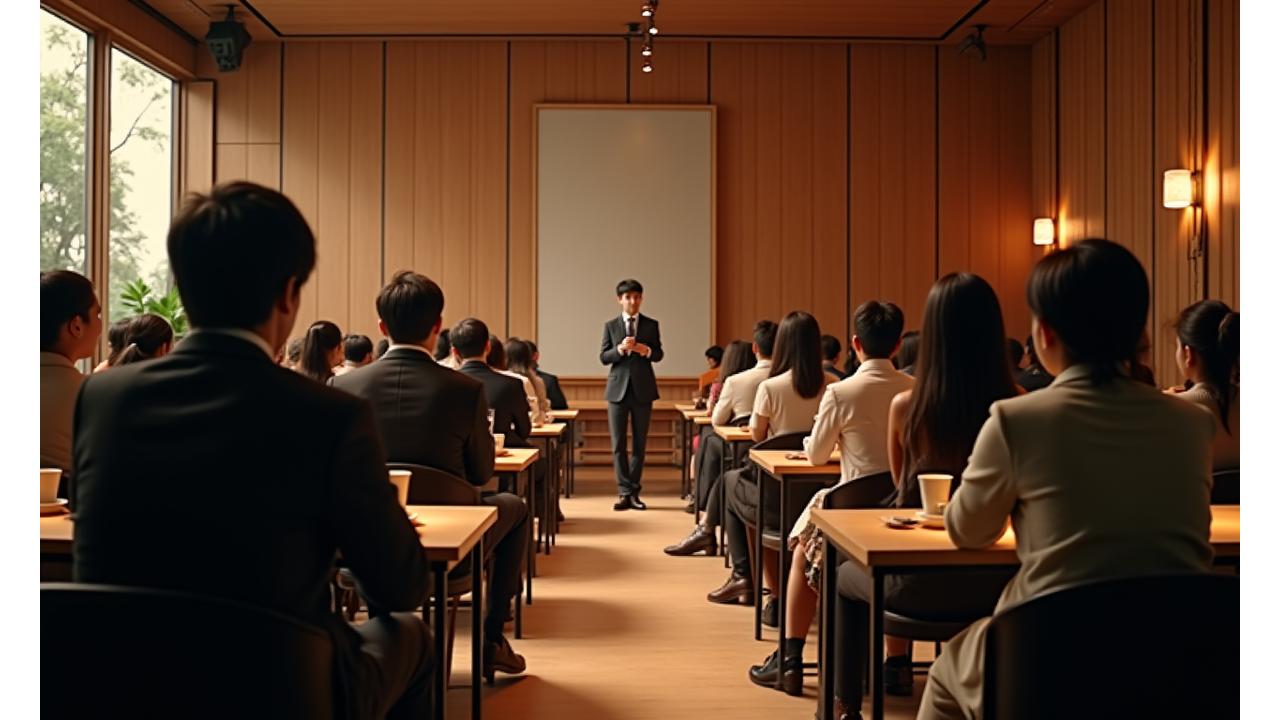 지금커피 문학 행사 현장, 사람들이 커피를 마시며 강연에 집중하는 모습